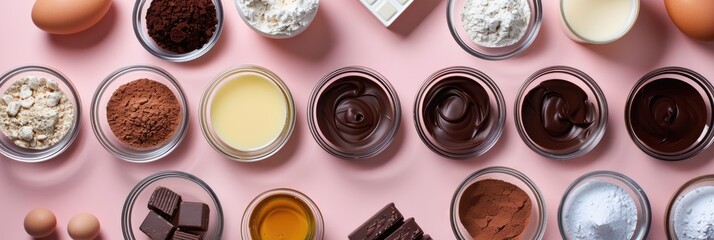 Wall Mural - Flat lay of glass mixing bowls filled with measured ingredients for preparing chocolate icing.