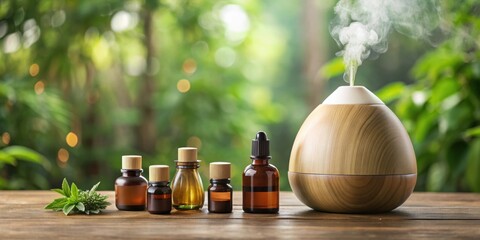 aromatherapy diffuser with various essential oil bottles on a wooden table , wellness, relaxation, a