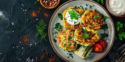 Wall Mural - Vegetable Fritters or Pancakes with Yoghurt or Sour Cream Dressing and Fresh Herbs on Ceramic Plate Cabbage or Zucchini Fritters Nutritious Vegetarian Cuisine Selective Focus Top View