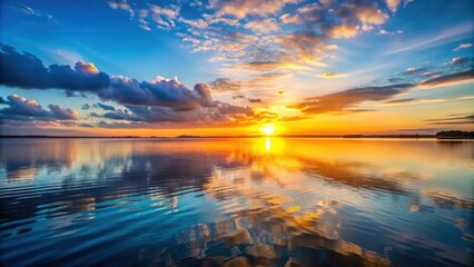 Sticker - Tranquil landscape setting sun over calm water, serene, landscape, sunset, peaceful, tranquil, nature, scenery, dusk