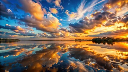 Poster - Sunset landscape with a clear lake reflecting volumetric clouds, sunset, landscape, lake, reflection, volumetric clouds, water