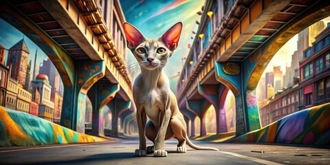 A 3D poster of an Oriental Shorthair cat lounging under a bridge, surrounded by vibrant street art murals, exuding urban cool.