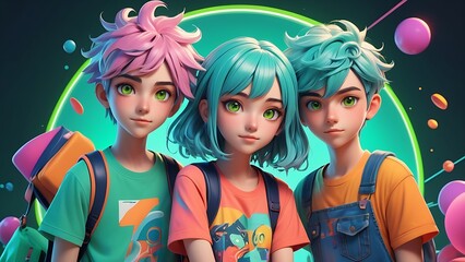 Two whimsical animated characters with vibrant hair and green eyes in colorful clothes against a backdrop of colorful shapes. Suitable for childrens illustrations and graphic design projects.