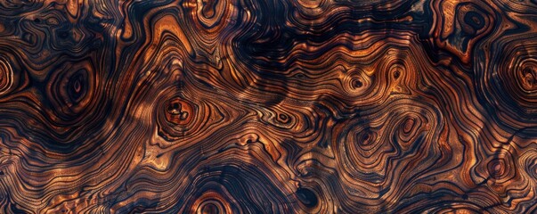 Poster - Close-up of a stunning wood texture with rich, swirling patterns in dark brown and black hues, perfect for natural backgrounds and designs.