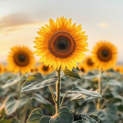 Poster - Close Up of Sunflower in a Field of Sunflowers.