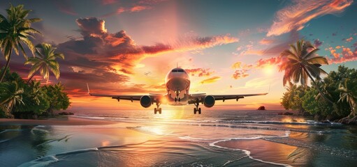 Canvas Print - Airplane Landing on Tropical Beach at Sunset