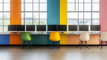 Modern colorful workspace with six computer workstations and blank screens.