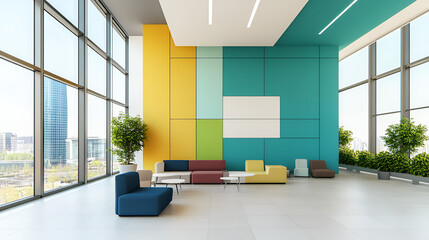 Wall Mural - Modern Office Lobby Design with Colorful Walls and City Views. Perfect for creating a welcoming and stylish workspace.