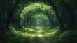 © sa-photo - A forest path winding through a lush green landscape, with trees arching overhead, perfect for themes of adventure and exploration with space for text.