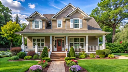 A typical suburban house with a front porch and garden , home, residence, property, neighborhood, architecture