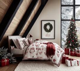 Wall Mural - a bed with a red and white christmas themed bedding in an A-frame bedroom