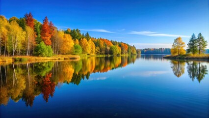 Poster - Tranquil landscape with a serene lake reflecting clear skies and vibrant colors, peaceful, serene