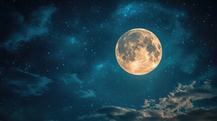 Wall Mural - A full moon glowing brightly in the night sky, surrounded by faint stars and clouds, creating a serene and peaceful scene with ample copy space.