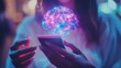 © Zaenal - Close up of female hands holding mobile phone with creative glowing polygonal brain hologram on blurry background. Neurology research, artificial intelligence concept. Double exposure.