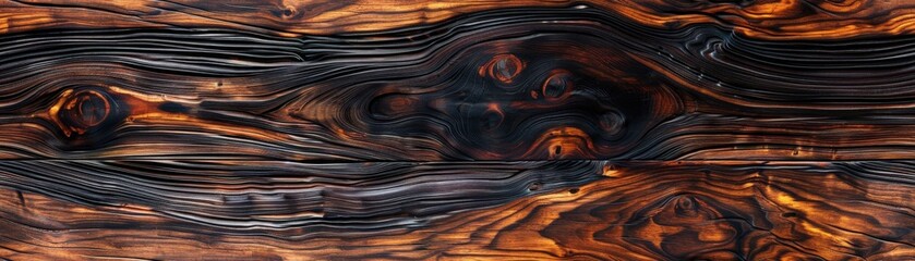 Poster - Close-up of dark, textured wooden surface with rich brown tones, emphasizing the natural grain patterns and knots for rustic design background.