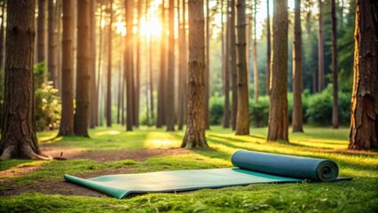 Sticker - Yoga mat placed in serene forest setting surrounded by trees, creating a peaceful and comfortable outdoor space, yoga, mat