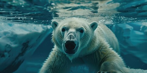 Wall Mural - Impressive polar bear pursuing a seal beneath the ice in a detailed underwater view.