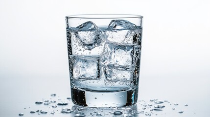 Poster - A glass of clear water with ice cubes, condensation on the outside, set against a bright white background.