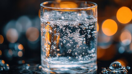 Poster - A glass of sparkling water with bubbles rising to the surface, set against a dark, reflective background.