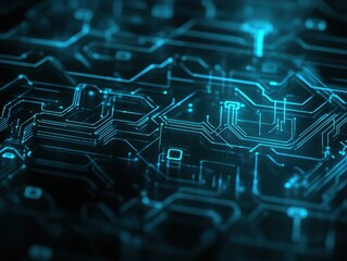 Poster - Abstract Futuristic Circuit Board Background with Blue Glowing Lines.