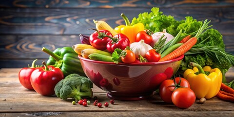 Poster - A colorful vegetable bowl surrounded by assorted fresh vegetables , healthy, food, nutrition, vegan, diet, organic