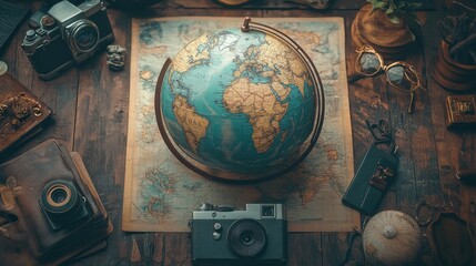 Poster - A globe surrounded by travel accessories like a passport and camera, capturing the excitement of world exploration. Clear space for messages.