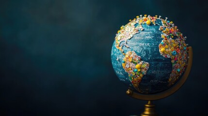 Poster - A globe with travel stickers and pins highlighting various destinations, showcasing the thrill of international travel. Plenty of copy space.