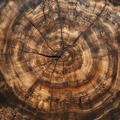 Wall Mural - Close-up Texture of a Tree Trunk Cross Section with Growth Rings and Cracks.