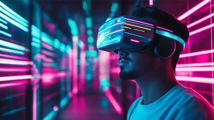 Photograph of a man with VR goggles playing an AR game, capturing a futuristic lifestyle and digital technology concepts. The scene highlights the immersive experience of virtual reality and augmented