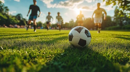 A group of friends playing soccer on a grassy field, showcasing teamwork and outdoor exercise with ample space for copy.