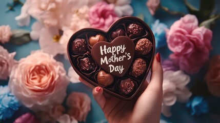Poster - A hand holding a heart shaped box of chocolates with a 