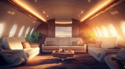Poster - A high end airplane cabin with sophisticated features and elegant furnishings, ideal for luxury travel promotions. Spacious scene with room for text.