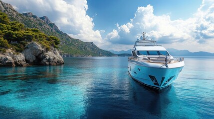 A high end family holiday with a private yacht and bespoke services, ideal for luxury travel promotions. Clear copy space.