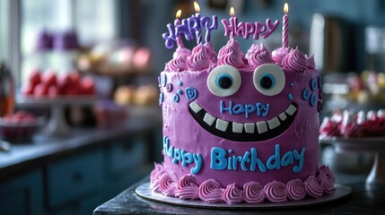 A humorous birthday cake with a silly face and 