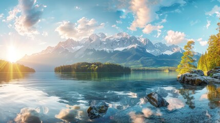 Wall Mural - Sunrise over the Mountains and Lake