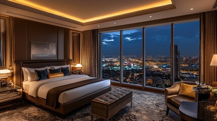 Wall Mural - A lavish hotel suite with elegant furnishings and a stunning city view, perfect for luxury travel promotions. Clear space for messages.