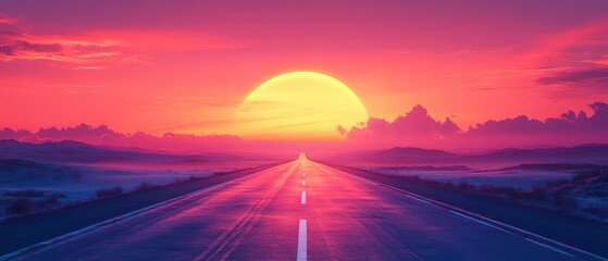 Wall Mural - Sunset road with vibrant colors fading into the horizon