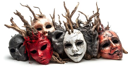 Splintered stake lying among Halloween party masks, eerie atmosphere, hyper-realistic art, isolated on white background