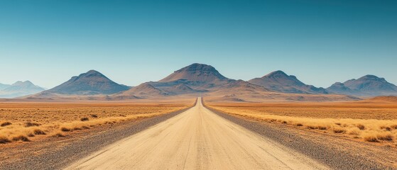 Wall Mural - Deserted road cutting through an arid desert landscape, distant mountains on the horizon under a clear blue sky