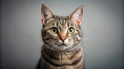 A close-up photo of a playful and curious gray tabby cat, feline, domestic animal, pet, whiskers, fur, cute, eyes, adorable