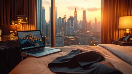 Poster - A luxury hotel room with a laptop open on the desk, a business suit laid out on the bed, and a view of the city skyline.