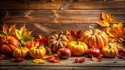 Wall Mural - Autumn fall thanksgiving background with rustic pumpkins and warm colored leaves, Autumn, fall, thanksgiving, background