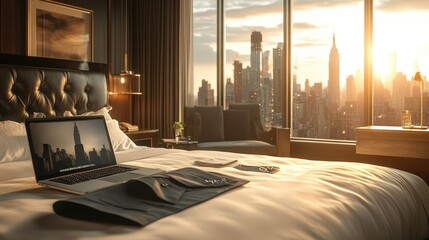 Poster - A luxury hotel room with a laptop open on the desk, a business suit laid out on the bed, and a view of the city skyline.