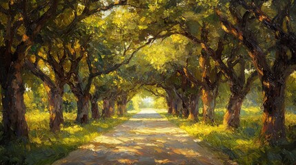 serene road under a canopy of oak trees, oil painting style, rich earth tones, textured brushstrokes