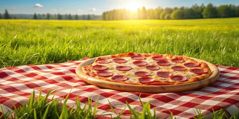 Poster - Cheese and pepperoni pizza on tablecloth in open meadow, pizza, cheese, pepperoni, delicious, food, Italian, meal