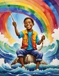 © Moses - happy child fishing in rough water under the rainbow