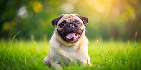 Canvas Print - Happy pug with tongue out sitting on green grass, happy, pug, pet, cute, adorable, playful, joyful, dog, animal, domestic