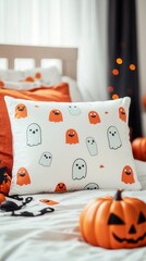 Sticker - Halloween Pillow with Ghosts and Pumpkins.