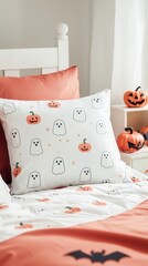 Wall Mural - Halloween Bed Decor with Pumpkin and Ghost Pillows.