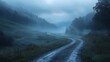 © Tangtong - Winding road through a misty valley at dusk, subtle lighting, deep shadows, peaceful setting, calm evening
